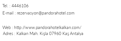 Pandora Hotel telefon numaralar, faks, e-mail, posta adresi ve iletiim bilgileri